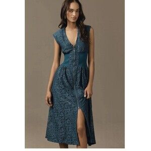 Anthropologie Tommie Cap Sleeve Front Zip Shirt Dress Lace Edition XXS Turquoise